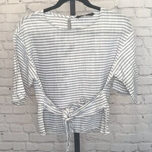 Zara Basic Striped Tie Front Blouse Wide Sleeve
